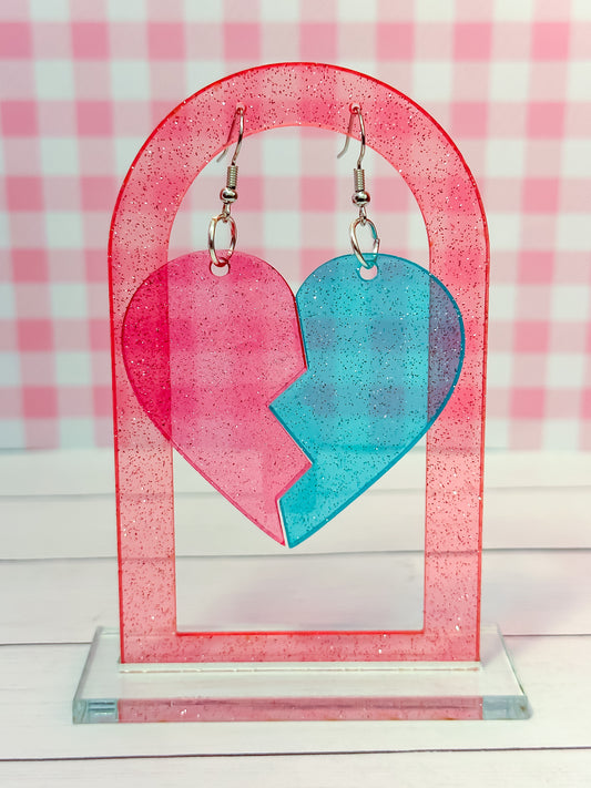 Pink and Blue Broken Heart Earrings