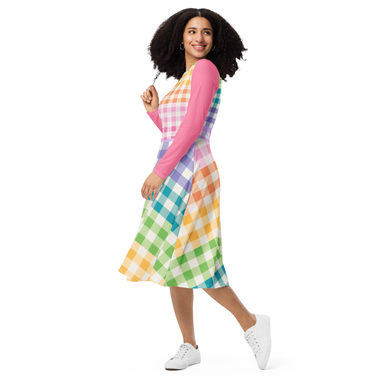 Rainbow Gingham Long Sleeve Midi Dress